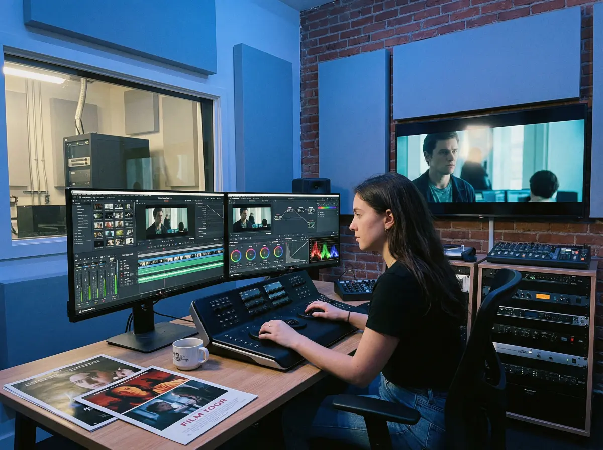 年轻剪辑师在后期工作室工作的 北京八分钟视频 故事